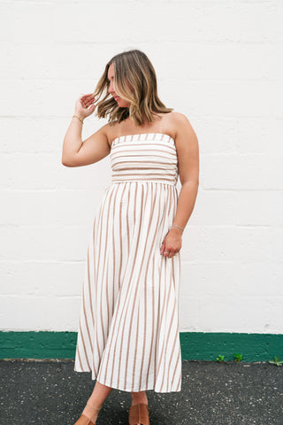 Timeless Neutral Stripe Strapless Dress Large / White