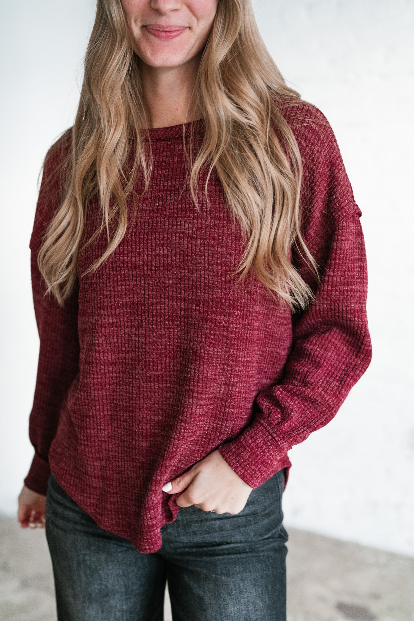 Simply Essential Ribbed Long Sleeve Top - Burgundy