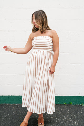 Timeless Neutral Stripe Strapless Dress