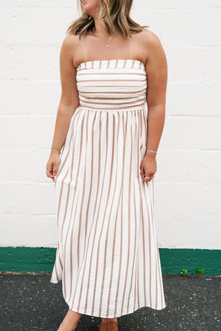 Timeless Neutral Stripe Strapless Dress