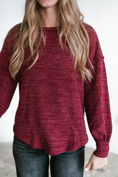 Simply Essential Ribbed Long Sleeve Top - Burgundy