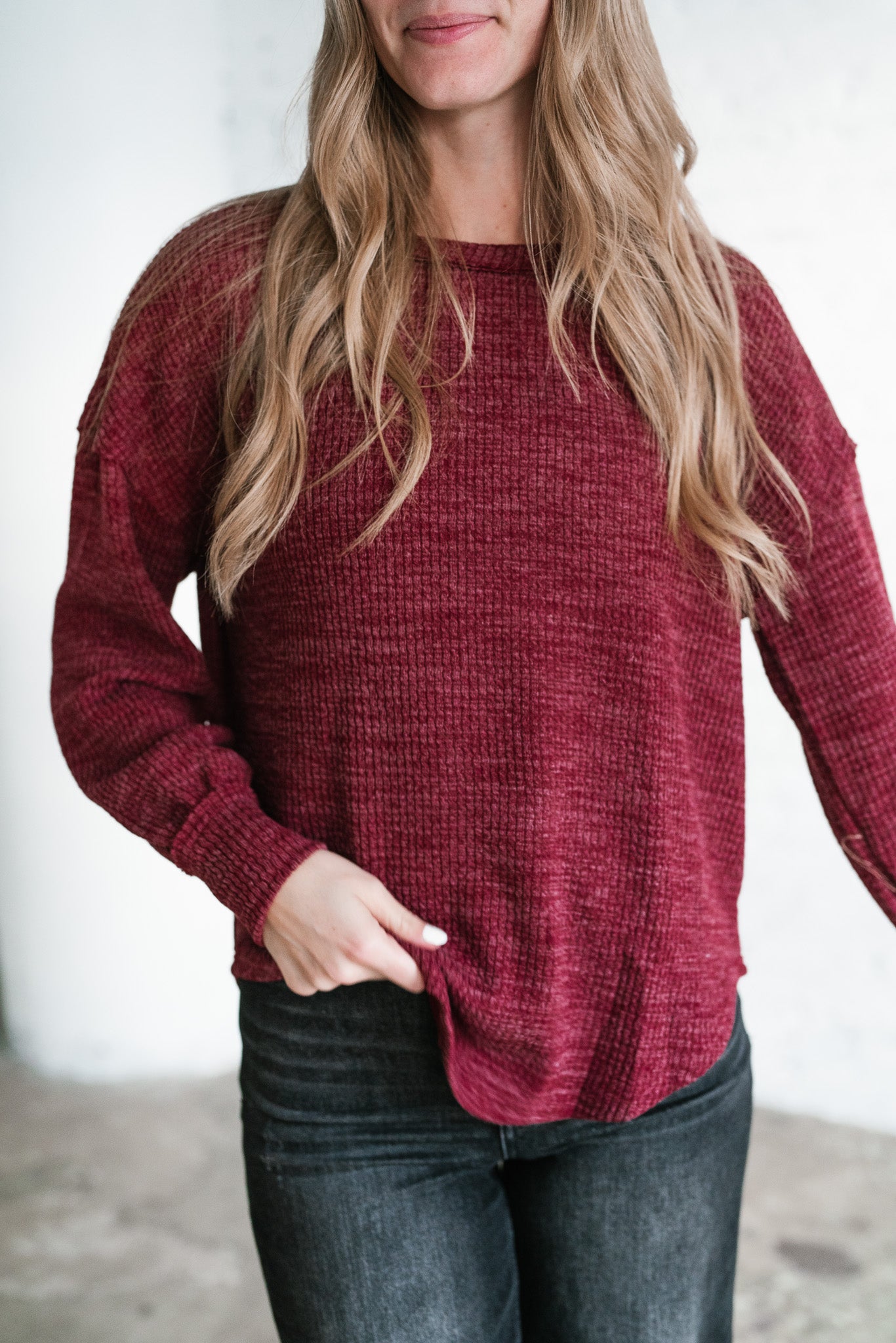 Simply Essential Ribbed Long Sleeve Top - Burgundy