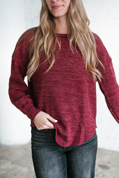 Simply Essential Ribbed Long Sleeve Top - Burgundy