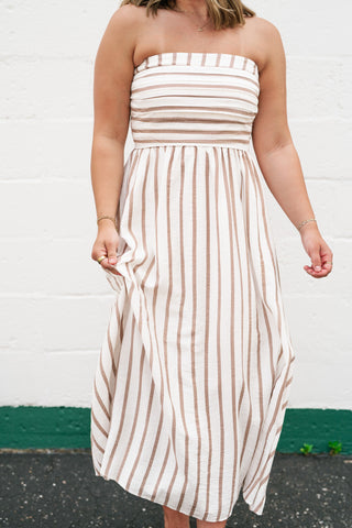 Timeless Neutral Stripe Strapless Dress
