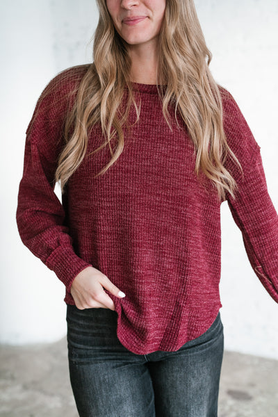 Simply Essential Ribbed Long Sleeve Top - Burgundy