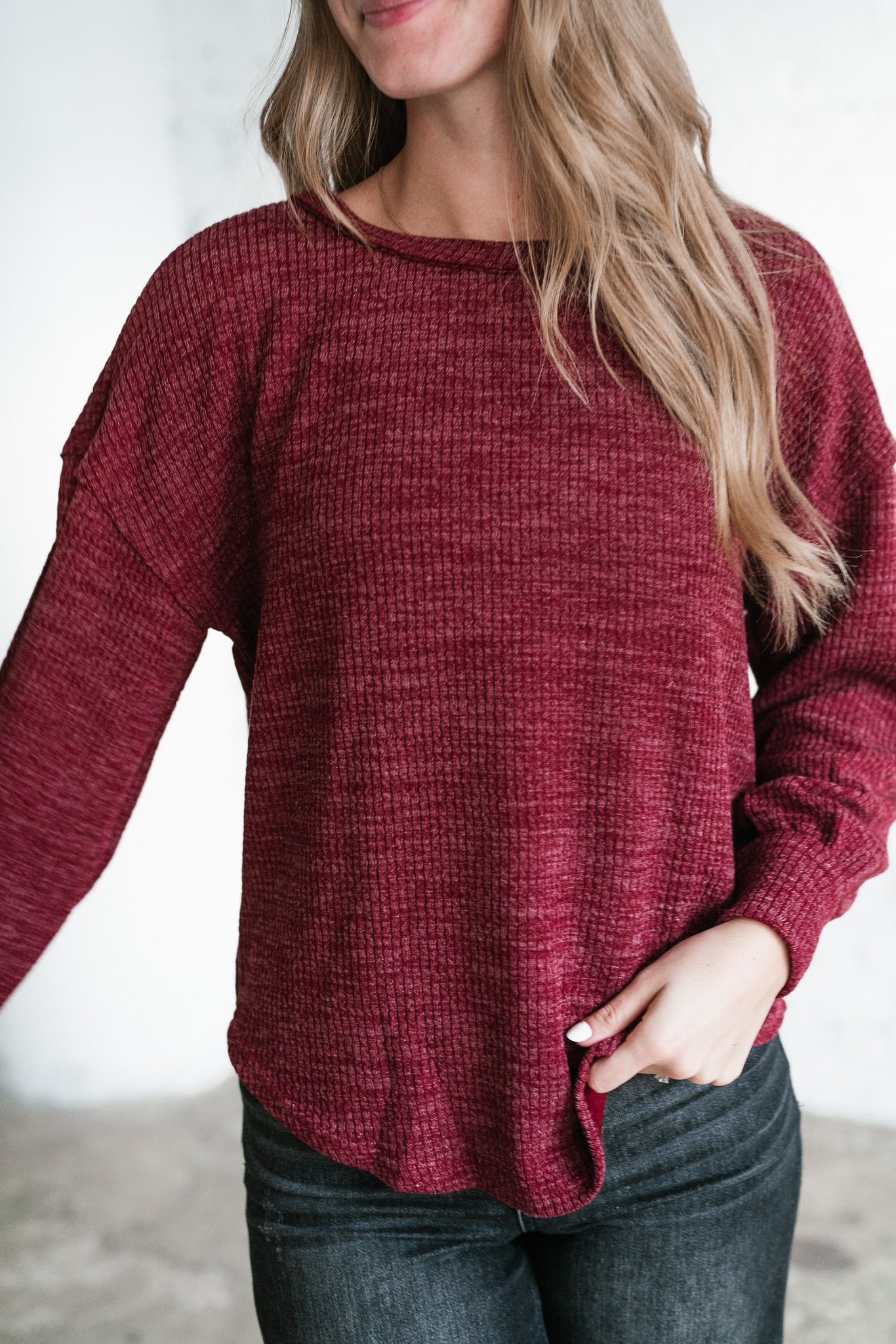 Simply Essential Ribbed Long Sleeve Top - Burgundy