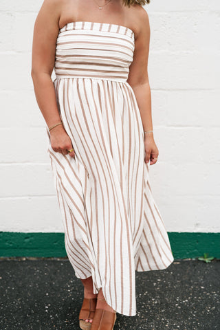 Timeless Neutral Stripe Strapless Dress