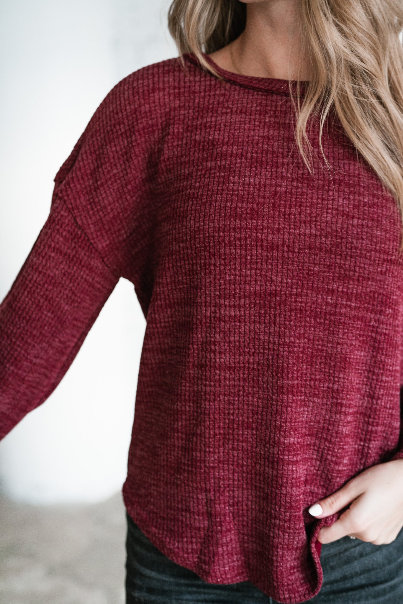 Simply Essential Ribbed Long Sleeve Top - Burgundy