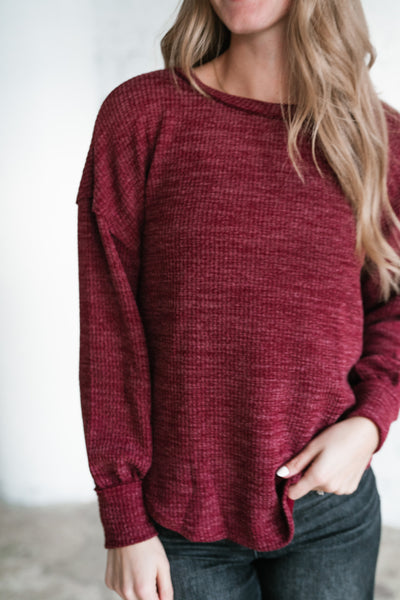 Simply Essential Ribbed Long Sleeve Top - Burgundy