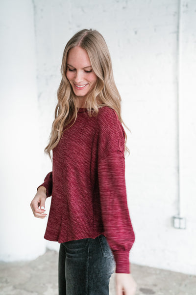 Simply Essential Ribbed Long Sleeve Top - Burgundy