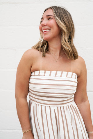 Timeless Neutral Stripe Strapless Dress