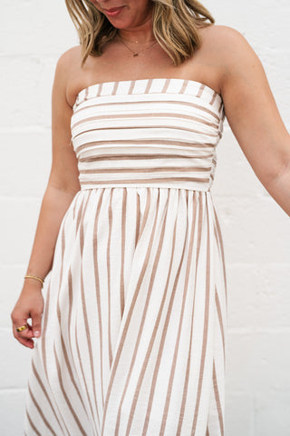 Timeless Neutral Stripe Strapless Dress