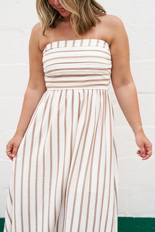 Timeless Neutral Stripe Strapless Dress