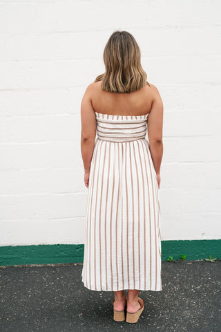 Timeless Neutral Stripe Strapless Dress