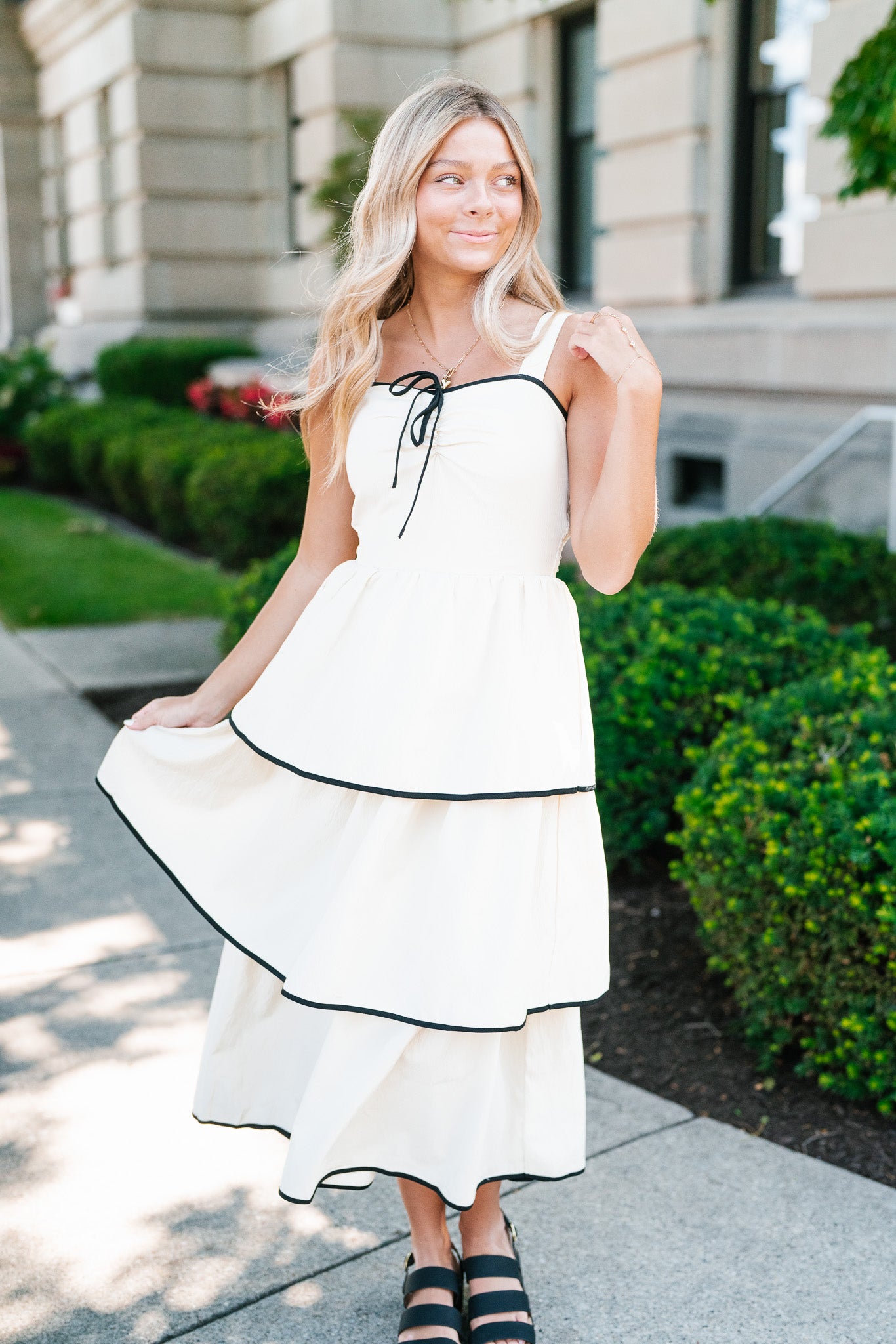 Timeless Love Contrast Binding Tiered Midi Dress