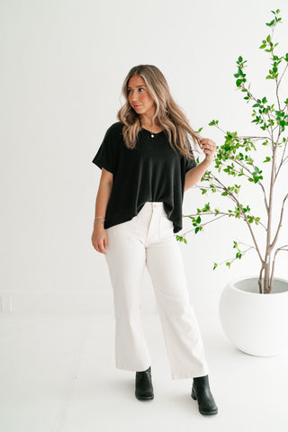 Ember Relaxed Fit Ribbed V-Neck Top - Black