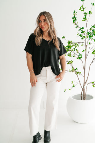 Ember Relaxed Fit Ribbed V-Neck Top - Black