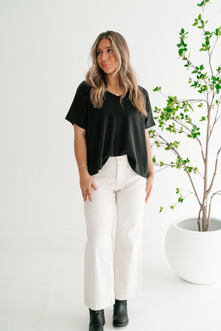 Ember Relaxed Fit Ribbed V-Neck Top - Black