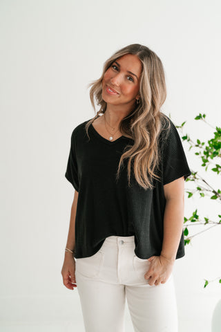 Ember Relaxed Fit Ribbed V-Neck Top - Black