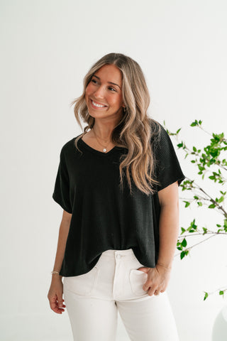 Ember Relaxed Fit Ribbed V-Neck Top - Black