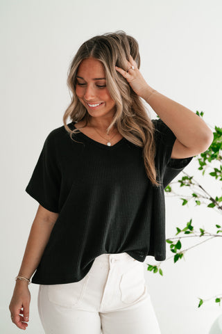 Ember Relaxed Fit Ribbed V-Neck Top - Black