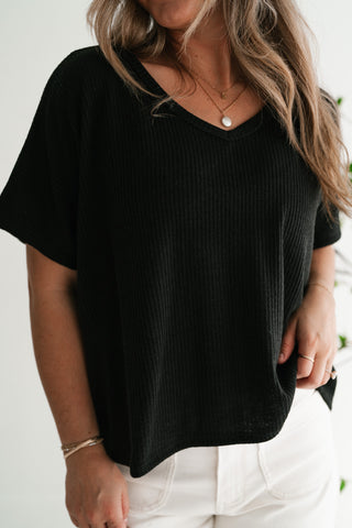 Ember Relaxed Fit Ribbed V-Neck Top - Black