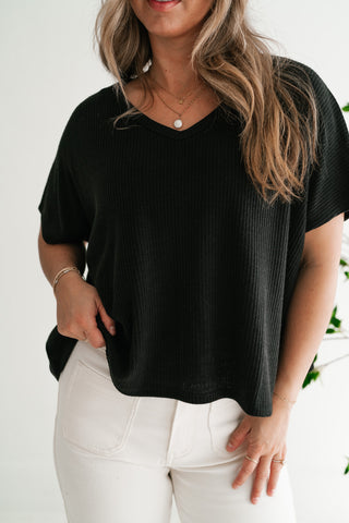 Ember Relaxed Fit Ribbed V-Neck Top - Black