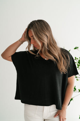 Ember Relaxed Fit Ribbed V-Neck Top - Black