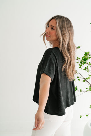Ember Relaxed Fit Ribbed V-Neck Top - Black