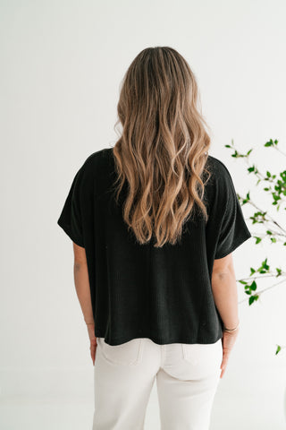 Ember Relaxed Fit Ribbed V-Neck Top - Black