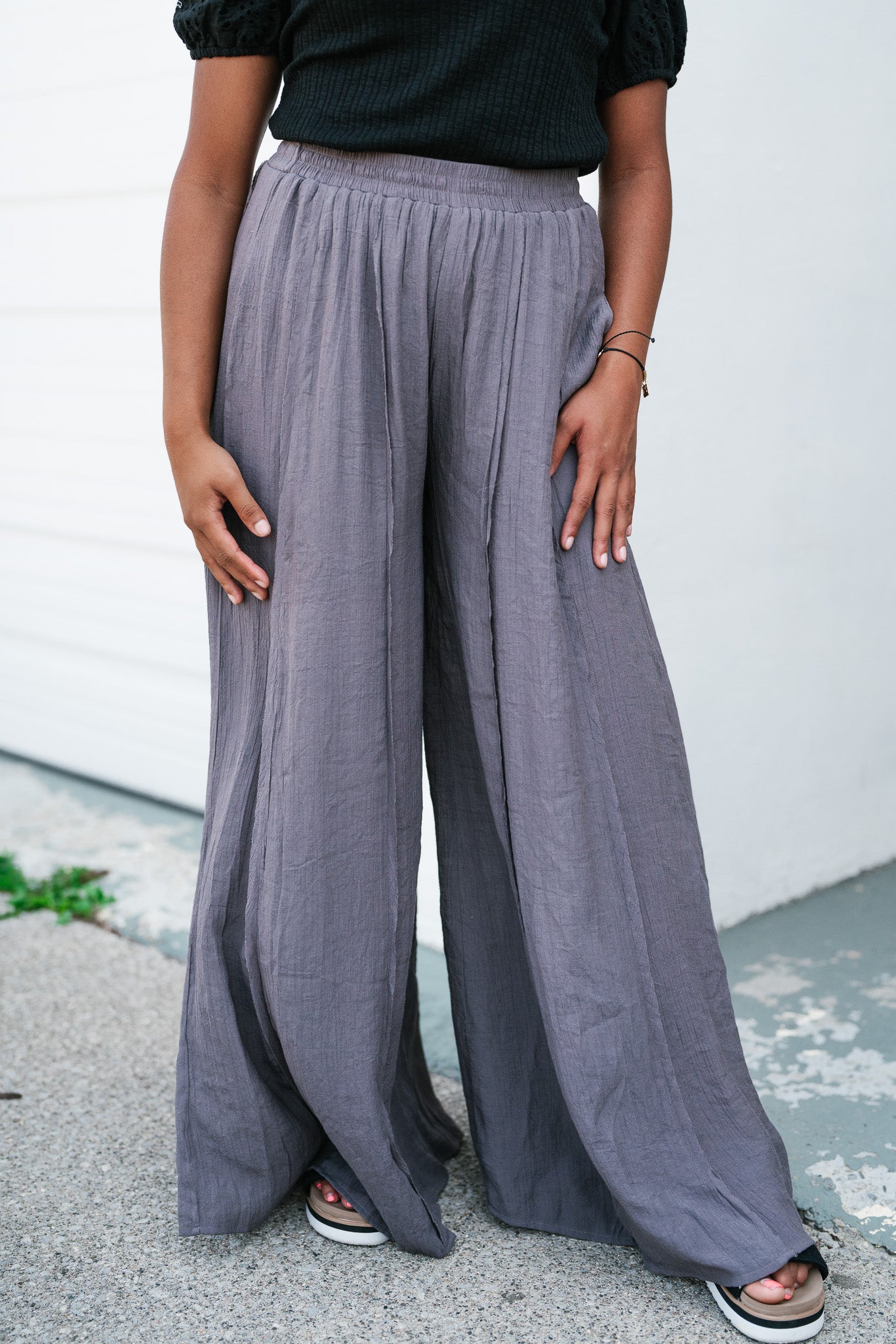 Just Coasting Wide Leg Flowy Pants - Grey