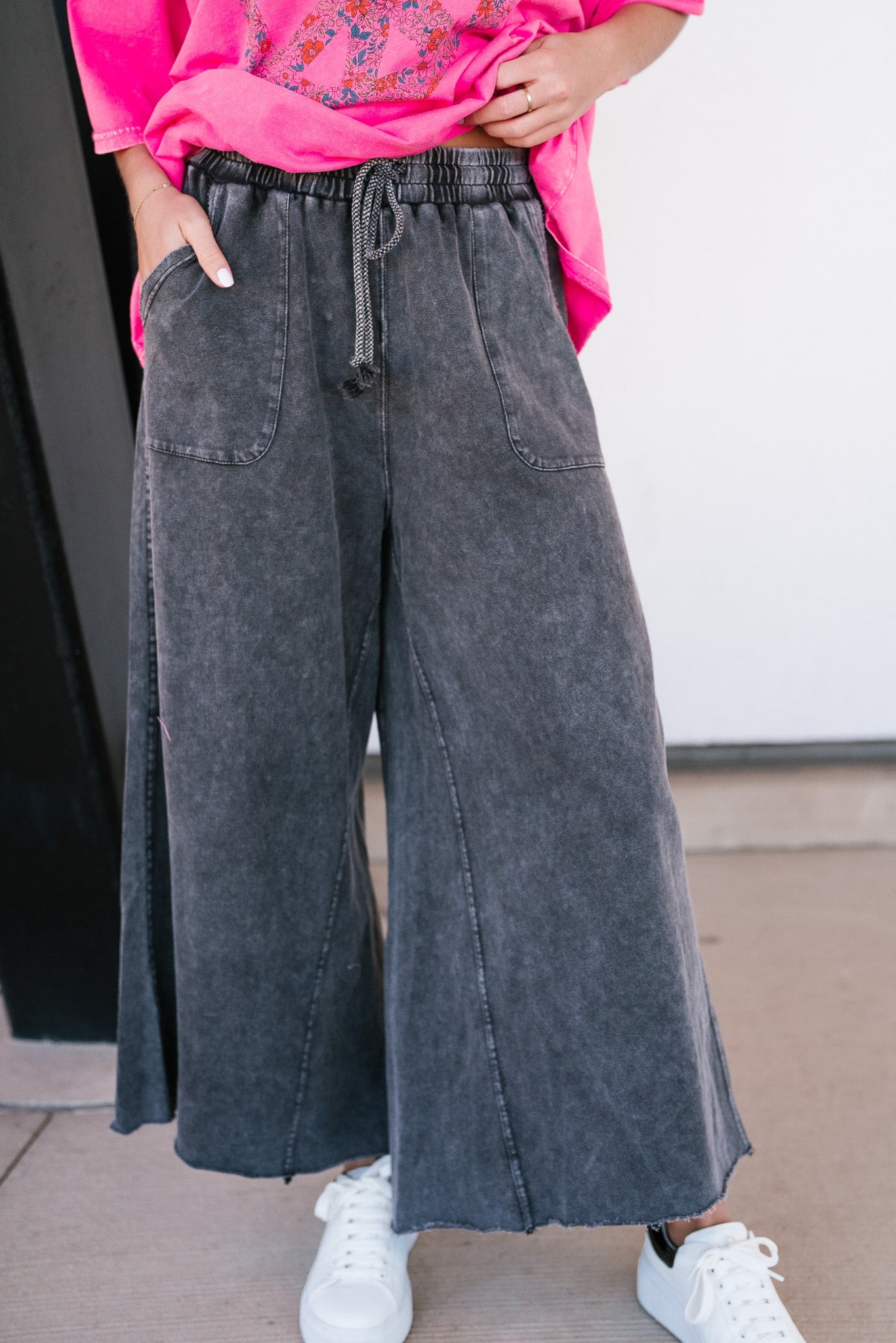 Can't Be Matched Mineral Wash Wide Leg Pants - Faded Black