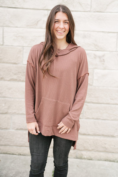 Unwind Ribbed Hooded Top - Mocha