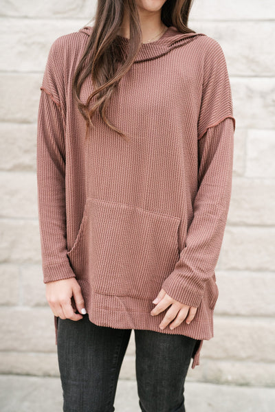 Unwind Ribbed Hooded Top - Mocha