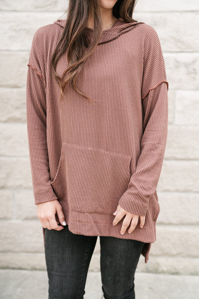 Unwind Ribbed Hooded Top - Mocha