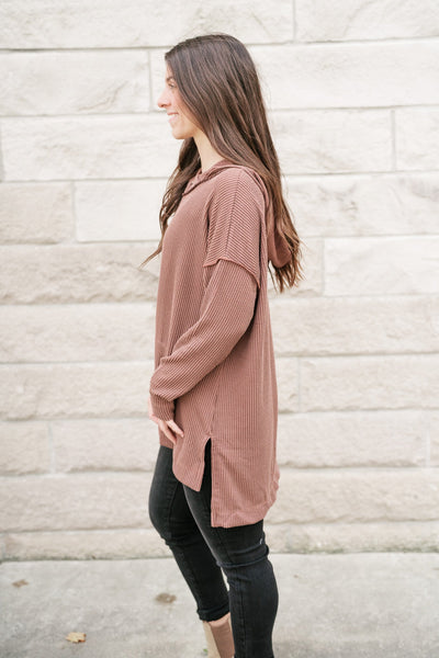 Unwind Ribbed Hooded Top - Mocha
