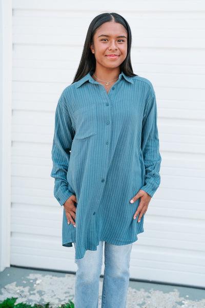 Right On The Stripes Button Down Top