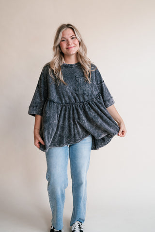 Dainty Eyelet Detailed Babydoll Top - Ashed Black