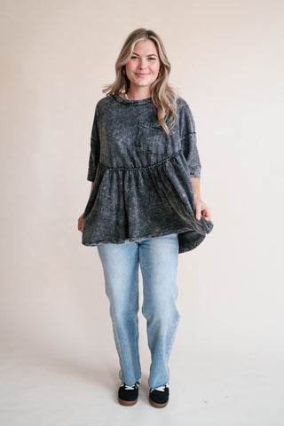 Dainty Eyelet Detailed Babydoll Top - Ashed Black