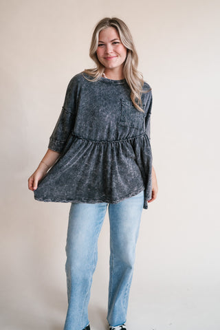 Dainty Eyelet Detailed Babydoll Top - Ashed Black