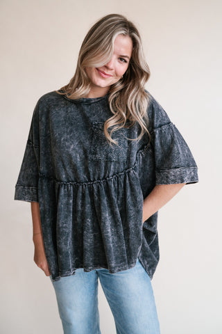 Dainty Eyelet Detailed Babydoll Top - Ashed Black