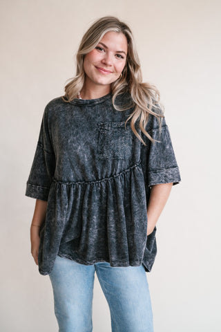 Dainty Eyelet Detailed Babydoll Top - Ashed Black