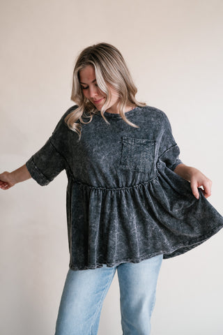 Dainty Eyelet Detailed Babydoll Top - Ashed Black