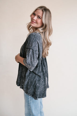 Dainty Eyelet Detailed Babydoll Top - Ashed Black