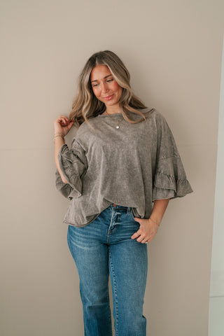 Stonewashed Ruffle Sleeve Top
