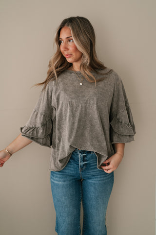 Stonewashed Ruffle Sleeve Top