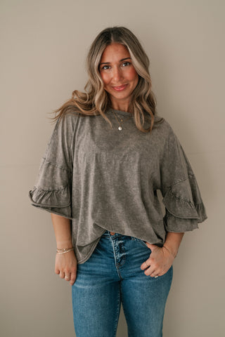 Stonewashed Ruffle Sleeve Top