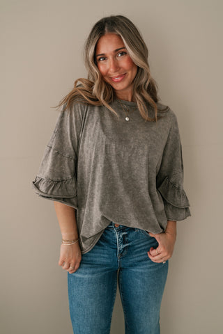 Stonewashed Ruffle Sleeve Top