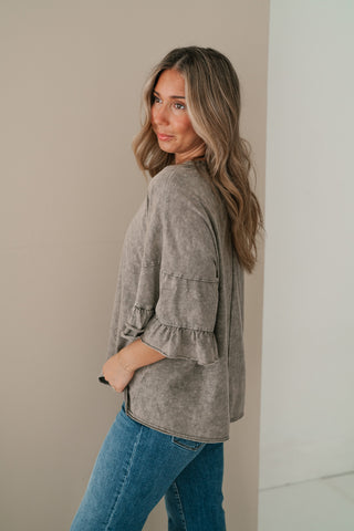 Stonewashed Ruffle Sleeve Top
