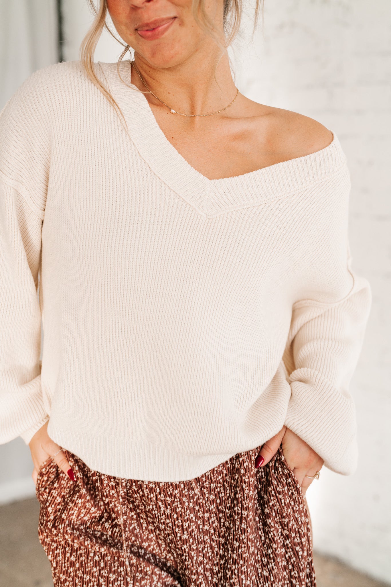 New In Neutral V-Neck Knit Sweater